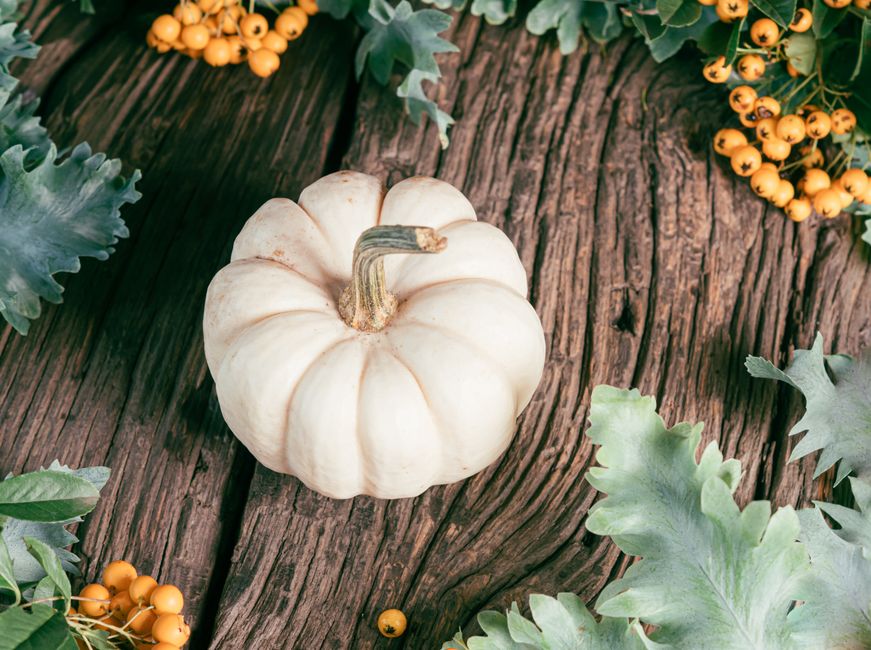 Houten tafel met imperfecte herfstdecoraties.